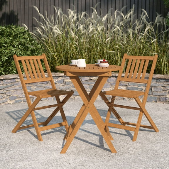Merrick Lane Three Piece Solid Acacia Wood Folding Patio Bistro Set with Lightweight Round Table and Two Chairs, Natural