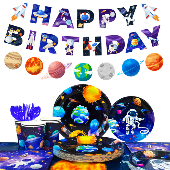 Space Theme Tableware, Outer Space Birthday Party Supplies - Space Party Plates Napkins Tablecloth Banner Garland etc Outer Space Tableware for Space Birthday Decorations & Space Party Decorations
