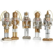 Ornativity Gold, Silver Christmas Mini Wooden King, Soldier Nutcrackers Xmas Tree Ornaments 5Pcs.
