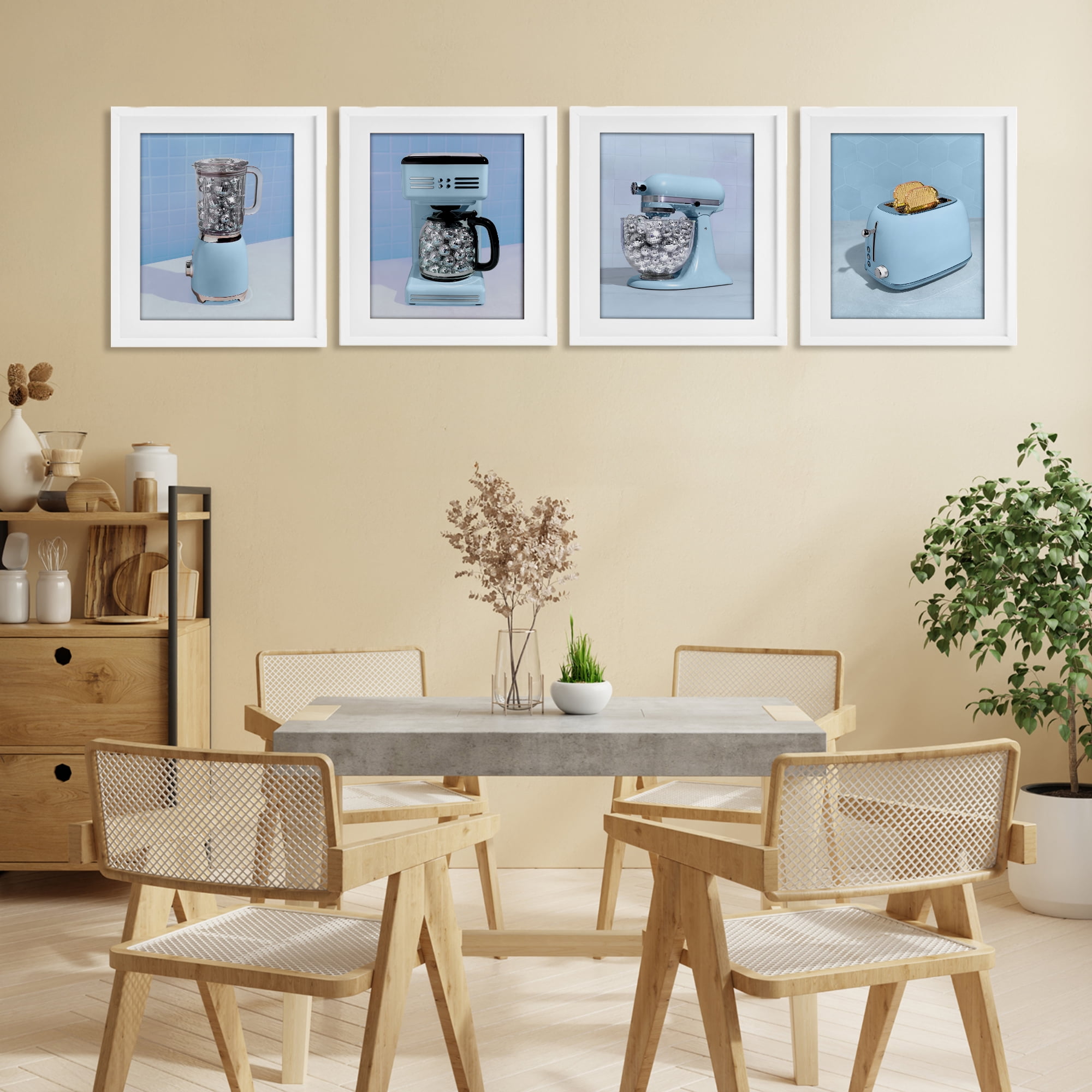 Stupell Industries Disco Kitchen Set over Blue 4 Piece White Framed Print Under Glass Set, design by LISH Creative