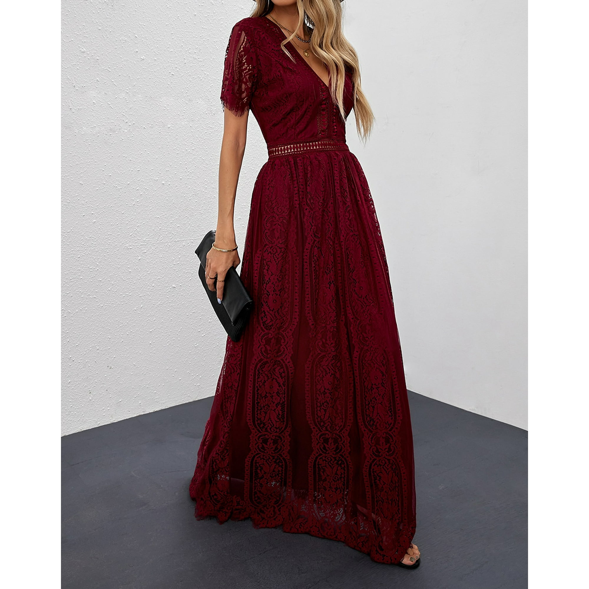 Robe Longue en Dentelle a Manches Courtes Bordeaux a Col en V pour Femmes