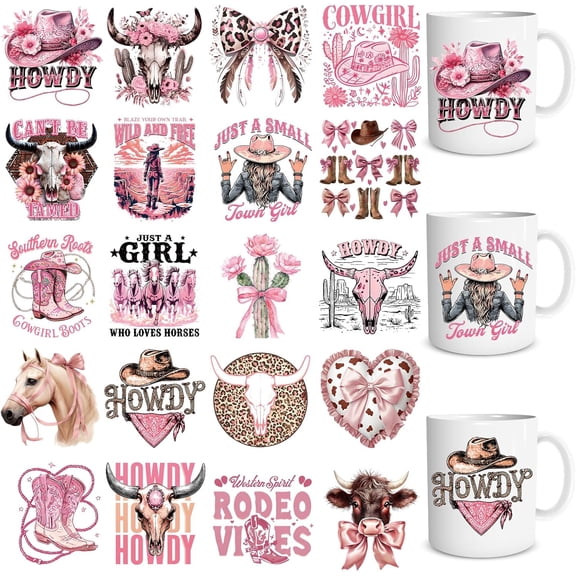 UV DTF Cup Wraps - 20 Sheets Western Cowgirl UV DTF Cup Wraps for 16 OZ Glass Mugs, Pink Coquete Bow Boot UVDTF Stickers, Waterproof Rub on Transfer Decals for Water Bottles Tumblers