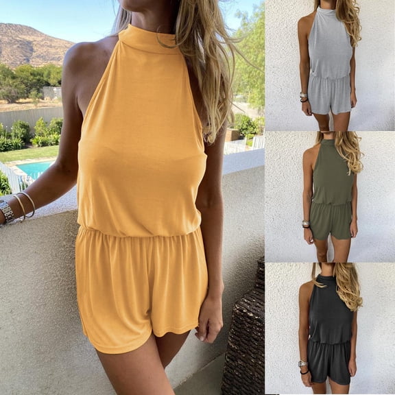 Daiosportswear Women'S Y2K Summer Solid Halter Neck Jumpsuit Sleeveless Romper,Shorts for Women