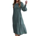 thumbnail image 1 of Vestido Fruncido Busto Puño Liso Mangas De Linterna Elegante Cómodo Vestido De Mujer De Longitud Media Verde S, 1 of 6