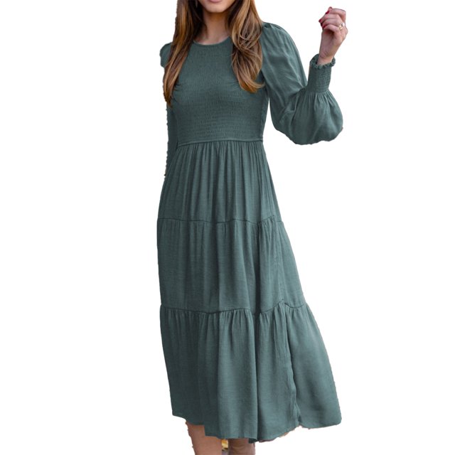 Vestido Fruncido Busto Puño Liso Mangas De Linterna Elegante Cómodo Vestido De Mujer De Longitud Media Verde S