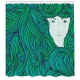 thumbnail image 3 of Girls Shower Curtain, Abstract Hand-drawn Illustration of Fantasy Girl with Wavy Curly Hair, Fabric Bathroom Set with Hooks, 69W X 70L Inches, Sea Green Navy Blue White, by Ambesonne, 3 of 3