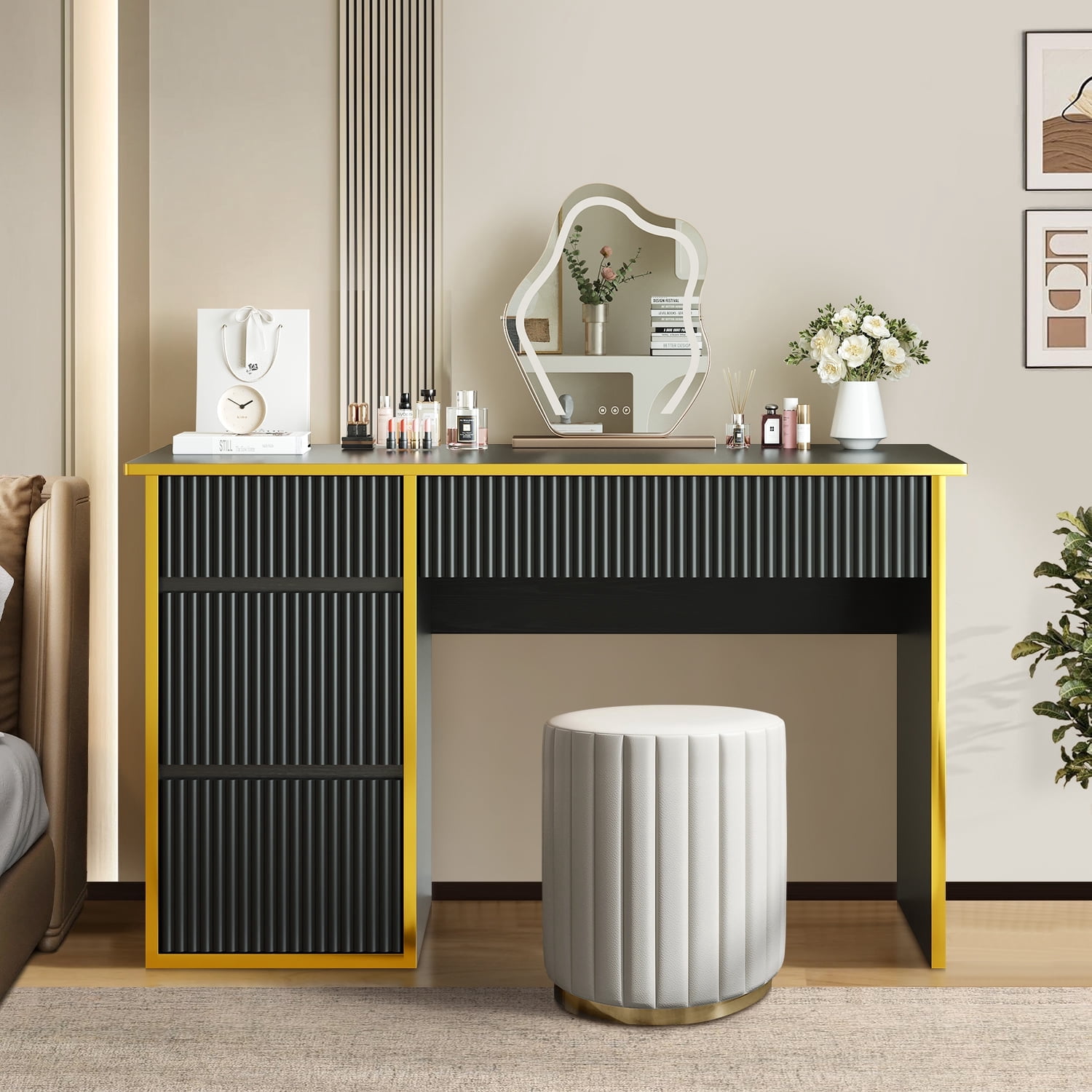 DreamCurship Computer Desk with 4 Storage Drawers, Home Office Desk with Storage, Writing Desk for Study, Modern Writing Table, Black and Gold Desk