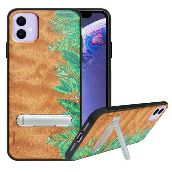 Labanema Apple iPhone 11 (2019) 6.1" Case, Apple iPhone 11 (2019) 6.1" Cover with Metal Kickstand, Natural Wood TPU Cover, Anti Scratch Case for Apple iPhone 11 (2019) 6.1" (Rainforest)