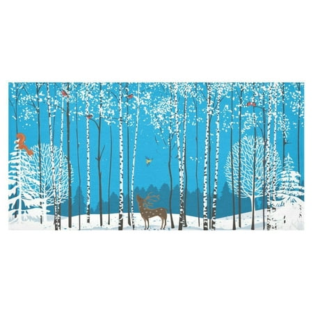 MYPOP Christmas Winter Blue Birch Tree Deer Cotton Linen Tablecloth Sets 60x120 Inches - Animal Bird Forest White Snow Desk Sofa Table Cloth Cover for Wedding Party