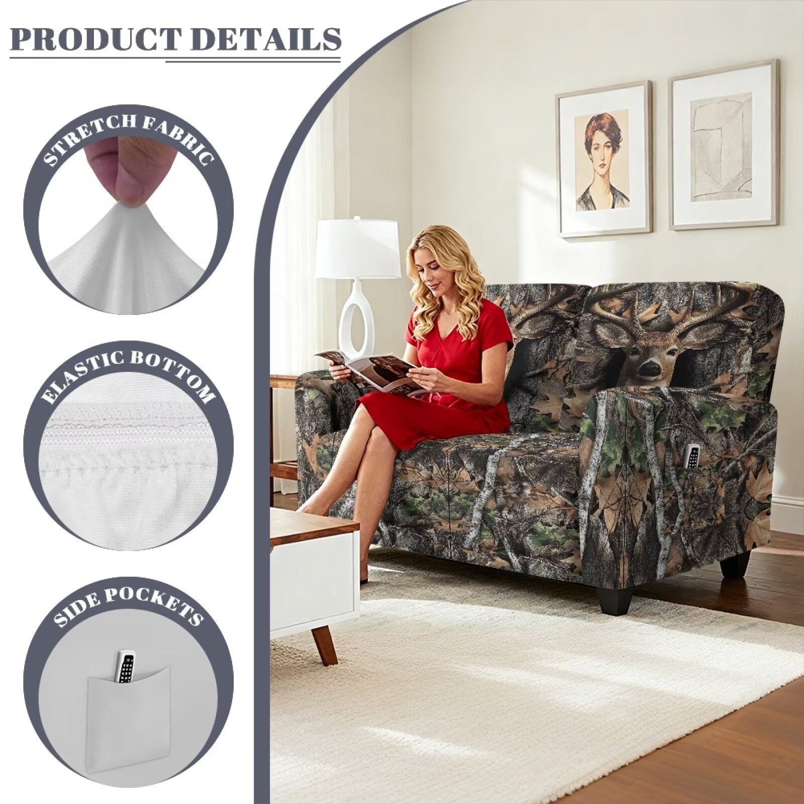 Yuyamidu Black Camo Loveseat Recliner Covers 2 Seater Hunting Branch Recliner Loveseat Slipcover with Elastic Edge Breathable Furniture Protector