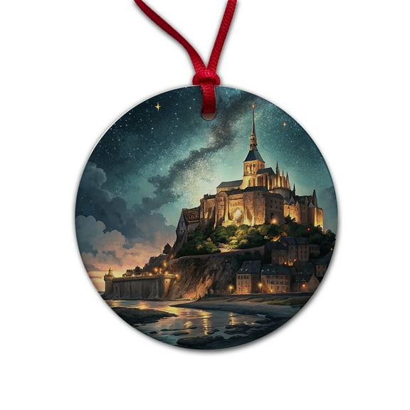 Mont Saint Michel Monastery Lit Up At Night Normandy Christmas Tree Holiday Round Ceramic Ornament