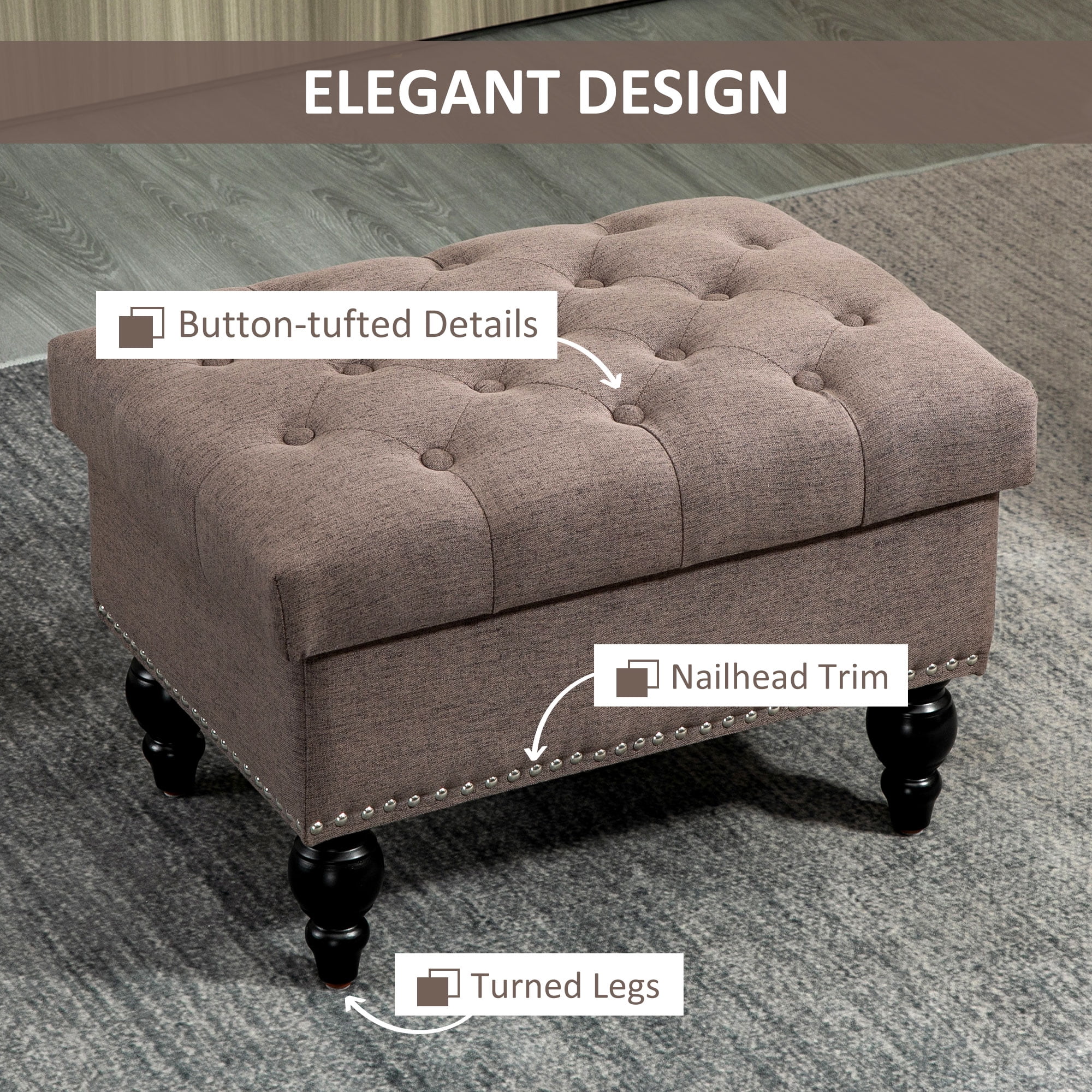 Homiyad Ottoman with Storage for Living Room, 25" Storage Ottoman with Removable Lid, Button-Tufted Fabric Bench for Footrest and Seat with Wood Legs, Coffee