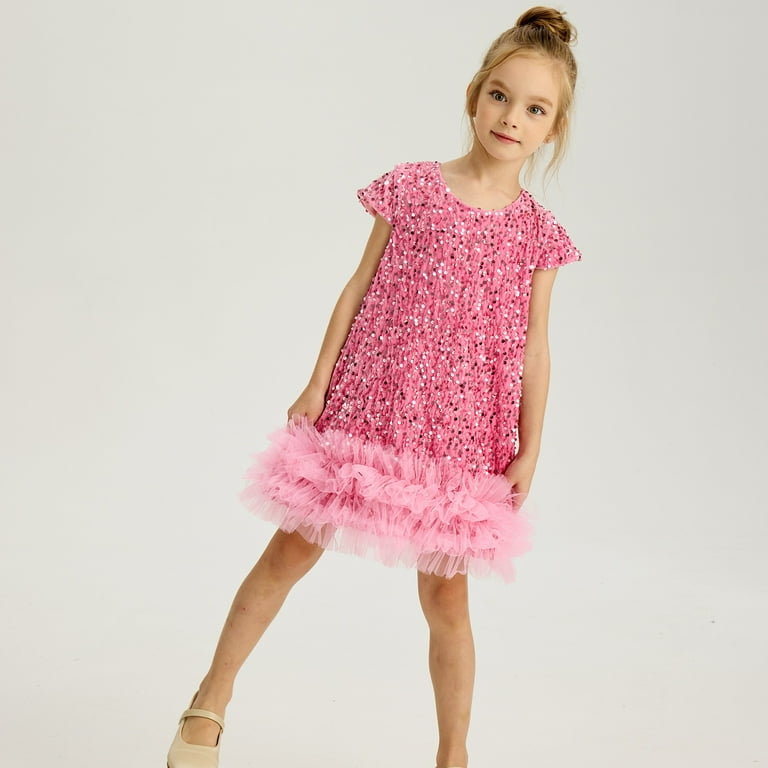 strapless open back dress Pink Sequin Daisy Pearl-Accent Shift Dress – Mia Belle Girls main image 1
