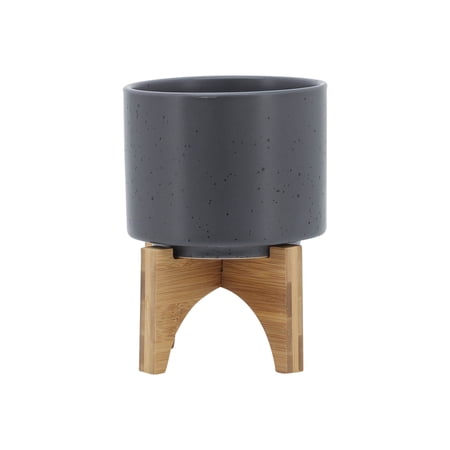 Planters For Outdoor Plants 5 PLANTER W/ WOOD STAND MATTE GRAY Gray Garden Pots Ceramic Indoor Garden Pots Garden & Outdoor Garden Supplies Garden Pots & Planters