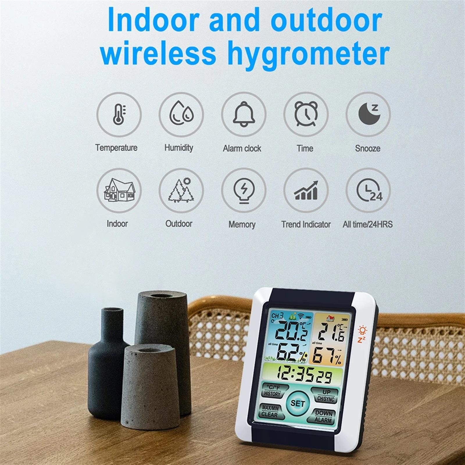 Wireless Weather Station Large Screen Digital Indoor Outdoor Thermometer Hygrometer Monitor Alarm Clock with Transmitter Sensor ,Excellent Visual Experience