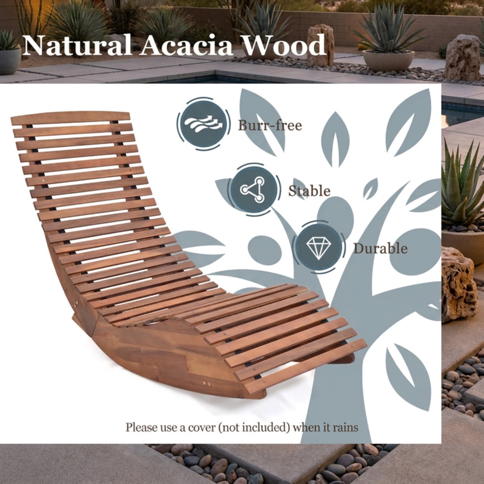 Biotree Outdoor Rocking Chair Acacia Wood Rocker with Widened Slatted Seat and High Back for Porch Patio and Garden as a Sturdy Wooden Rocking Chair, Natural