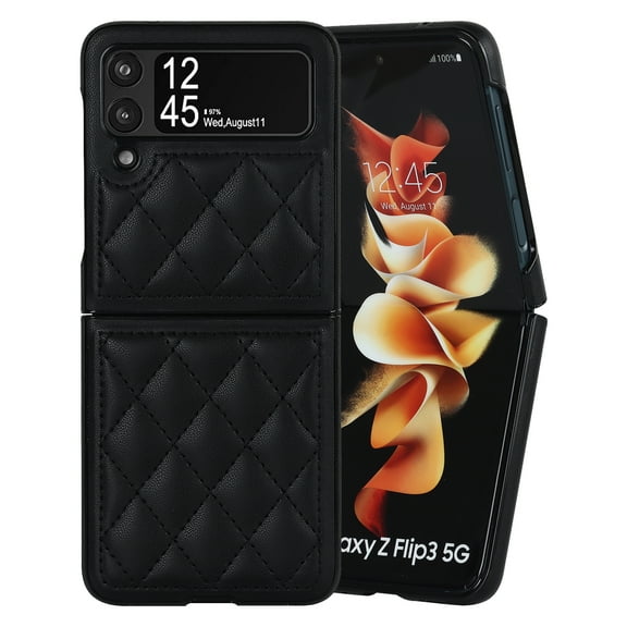 K-Lion Case Compatilble with Samsung Galaxy Z Flip 3 6.7" 2021, Heavy Duty Protective PU Leather Surface Diamond Pattern Luxury Fashion Drop Resistant Cover For Samsung Galaxy Z Flip 3, Black
