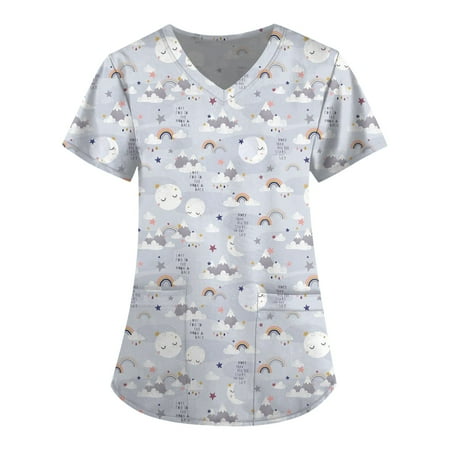 

ELFINDEA Animals Printed Pocket Scrubs Blouses for Women V Neck Short Sleeve Womens Tops