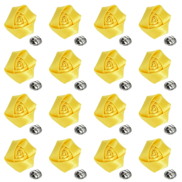 Uxcell 16 Pcs Flores de Solapa para Trajes de Hombre, Pin de Solapa de 2 Pulgadas para Hombres, Rosas de Tela Satinada Artificial para Broches Boutonnieres para Bodas, Fiestas, Ceremonias, Amarillo