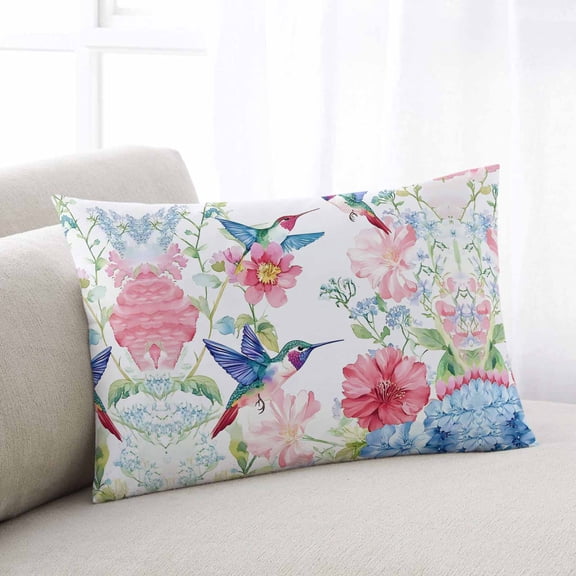Watercolor Hummingbird Throw Pillow Cover, Pillowcase Protectors with Zipper, Breathable Decorative Lumbar Pillow Case Cover, Colorful Pink Blue Flowers Pillow Shams for Couch Sofa 16x24Inch