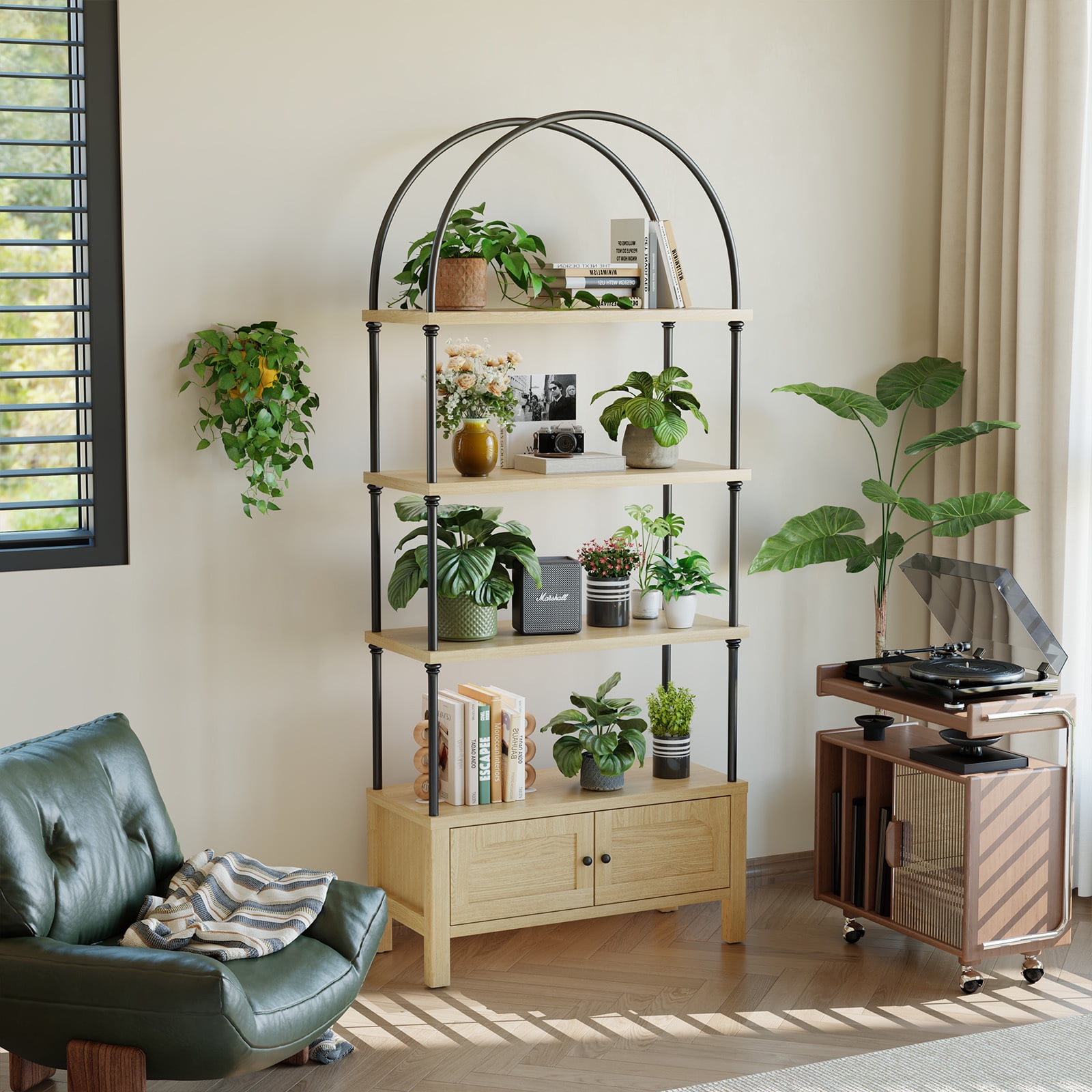 Furnibear Arched Bookshelf with Door 72 Inches Tall 5 Tier Storage Shelf with Cabinet,Modern Open Bookcase for Living Room or Home Office,Brown