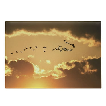 Birds Cutting Board, Flock of Migratory Canadian Geese Flyingt Sunset Cloudy Sky Monochromicrt, Decorative Tempered Glass Cutting and Serving Board, Large Size, Brown Yellow, by Ambesonne