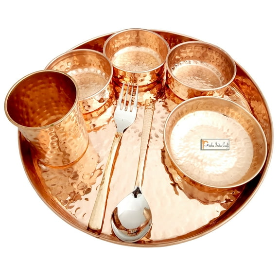Prisha India Craft Pure Copper Thali Set of Plate, Bowl, Spoon, Fork, Glass, 12 inch
