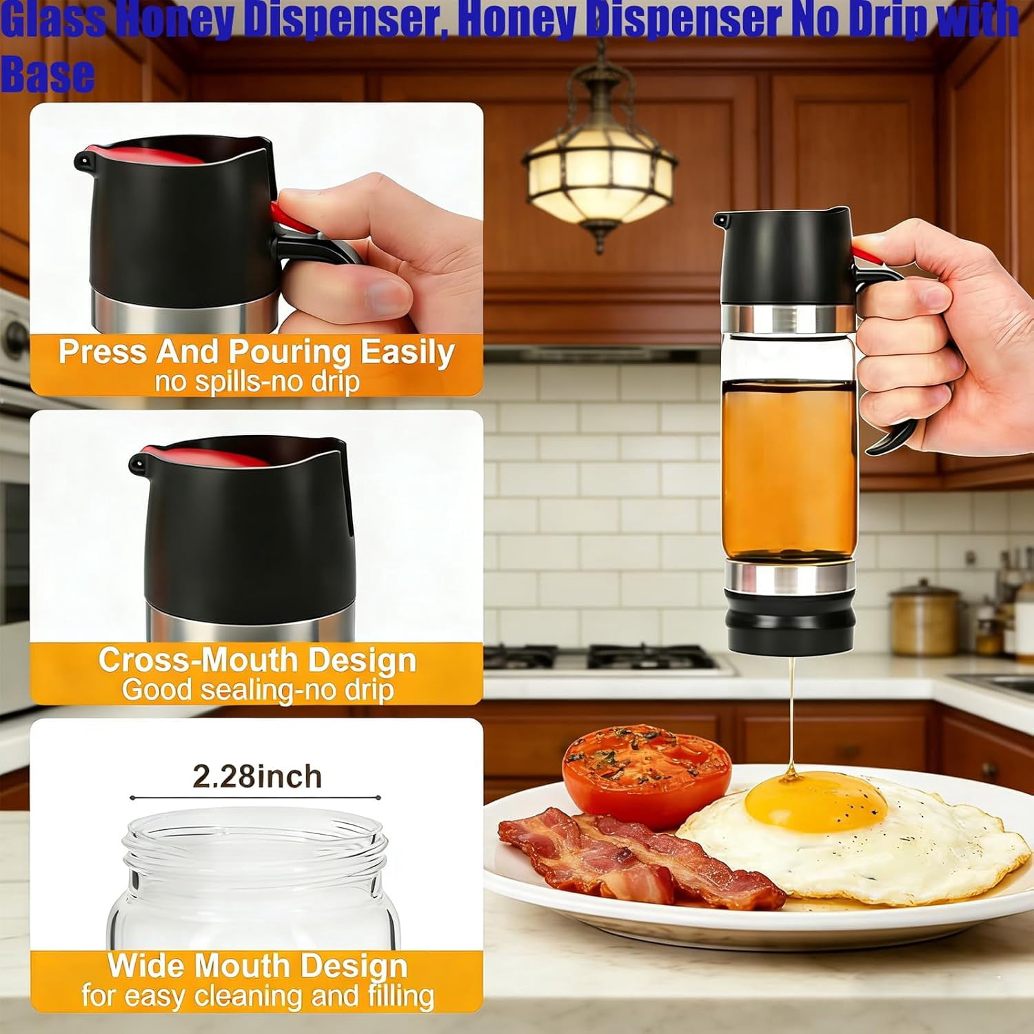 Glass Honey Dispenser, Honey Dispenser No Drip with Base, 12 oz Mess Free No Drip Honey Dispensers, Pressure Design for Quantitative Honey Extraction with Handle for Honey, Maple Syrup (B)