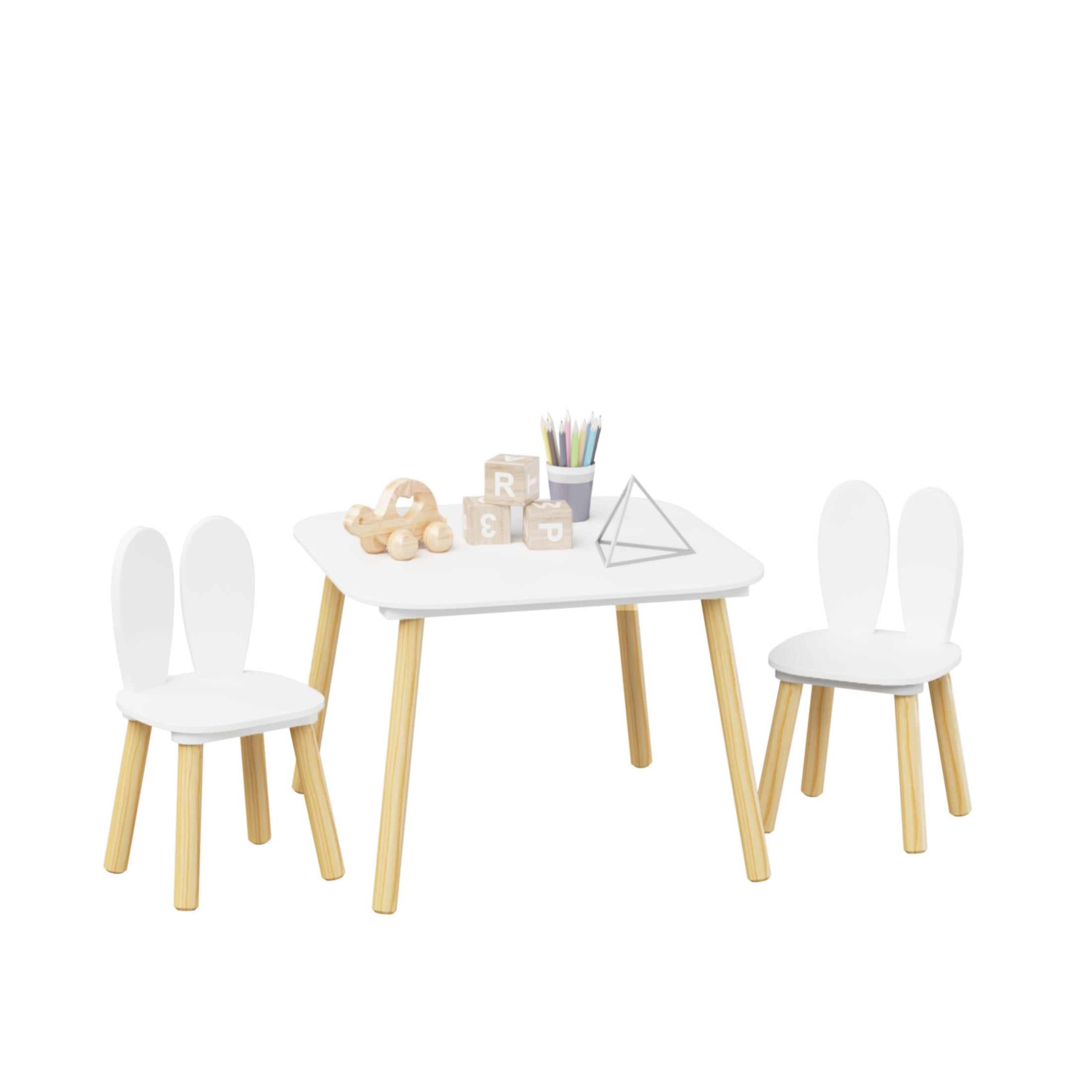 Noble House Kova Kids Table and 2 Rabbit Chairs Set, 3-Piece Wooden Toddler Activity Play Table Set for Bedroom, White