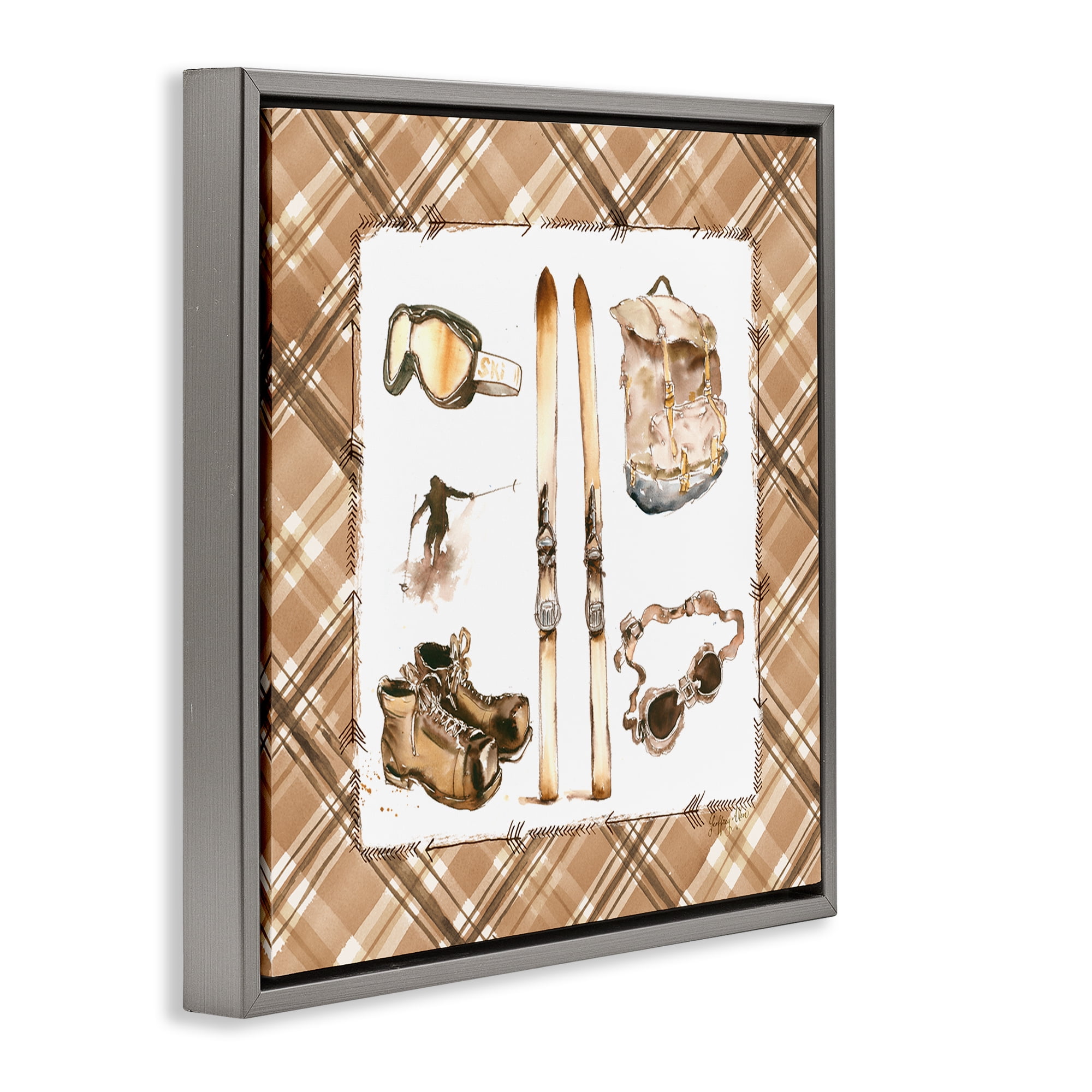 Stupell Industries Winter Sports on Plaid Sports Painting Gray Floater Framed Canvas Art Print Wall Art, 25 x 25