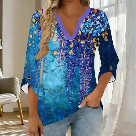 Warop 3/4 Length Sleeve Womens Tops Casual Floral Graphic V-Neck Basic Tees Pullover