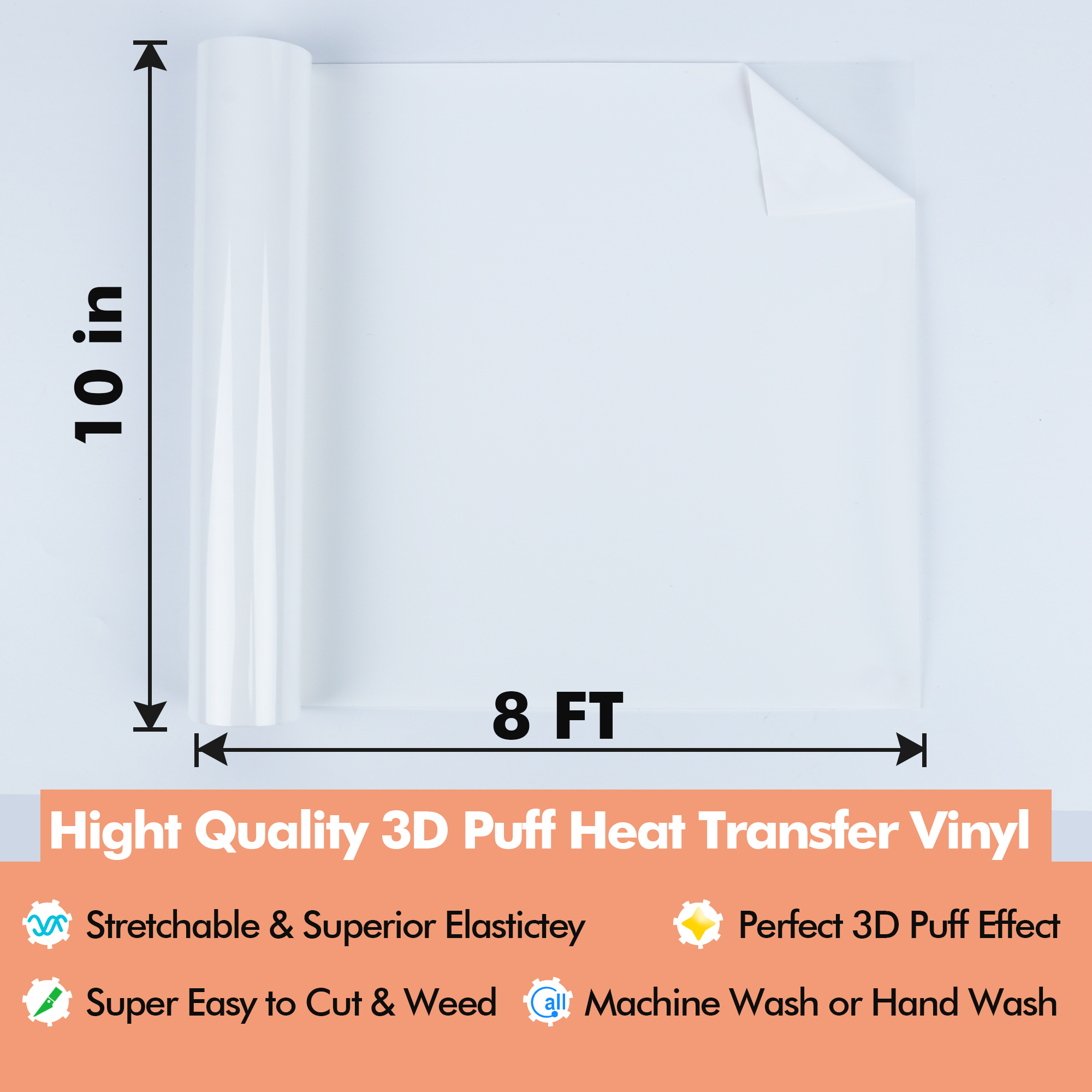 A-SUB White HTV Vinyl Roll, 3D Puff Heat Transfer Vinyl 10 x 8 FT For  Cutting Machines, PU 3D Puff Vinyl 