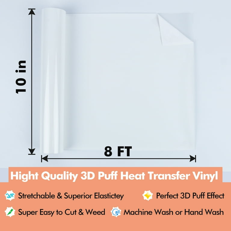 A-SUB White HTV Vinyl Roll, 3D Puff Heat Transfer Vinyl 10 x 8 FT For  Cutting Machines, PU 3D Puff Vinyl 