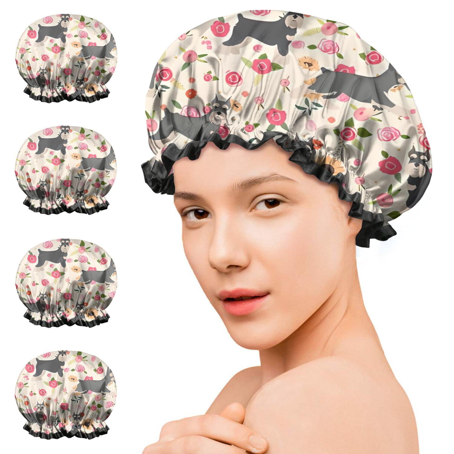 Shower Caps,Schnauzer Dog and Pioneer Flower Waterproof Shower Cap for Women 4 Pieces,Double Reusable Hair Cover for Shower PEVA Elastic Stretch Hem