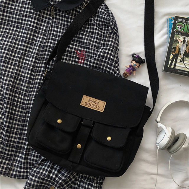 Bolso Bolso de mensajero Harajuku japonés, bolso de hombro para estudiantes de lona (negro)