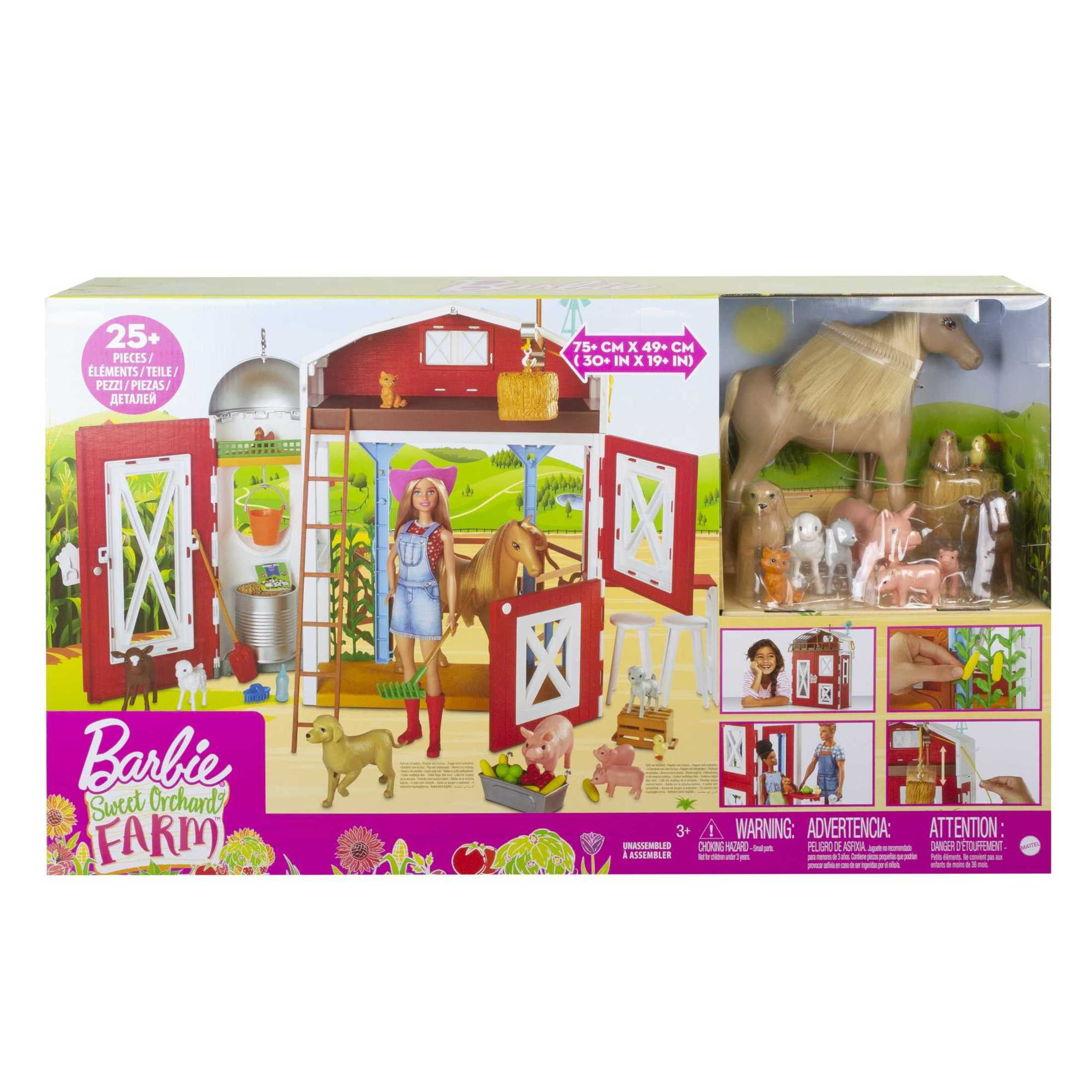 Barbie Sweet Orchard Farm Playset with Barn, Horse, 10 Farm Animals & 15 Accessories, Moving Pieces