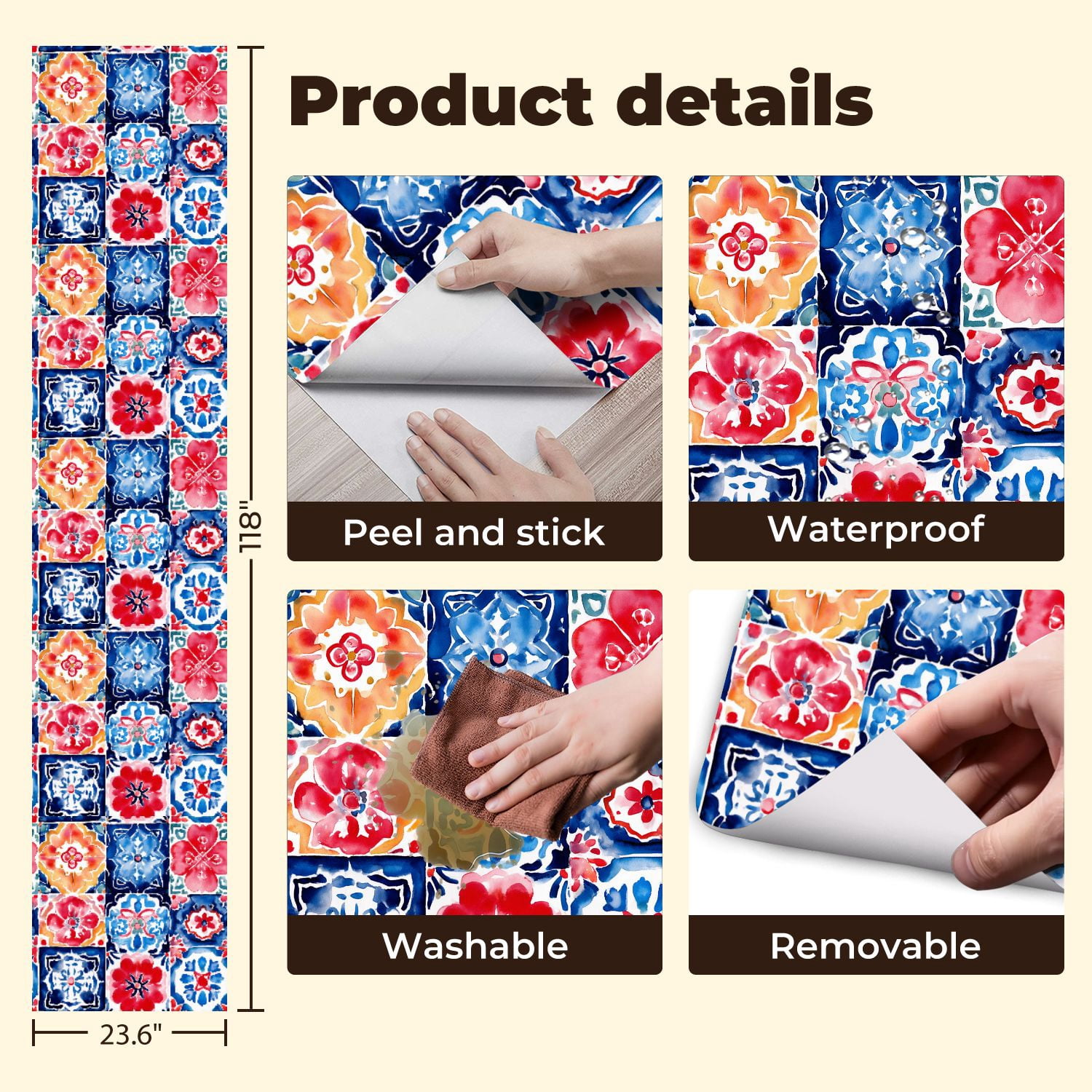 Peel and Stick Wallpaper Colorful Floral Tile Red Blue Yellow Watercolor Style Wall Mural 23.6in x 9.8ft Self Adhesive Removable Wall Paper Renter Friendly Wallpaper for Bedroom