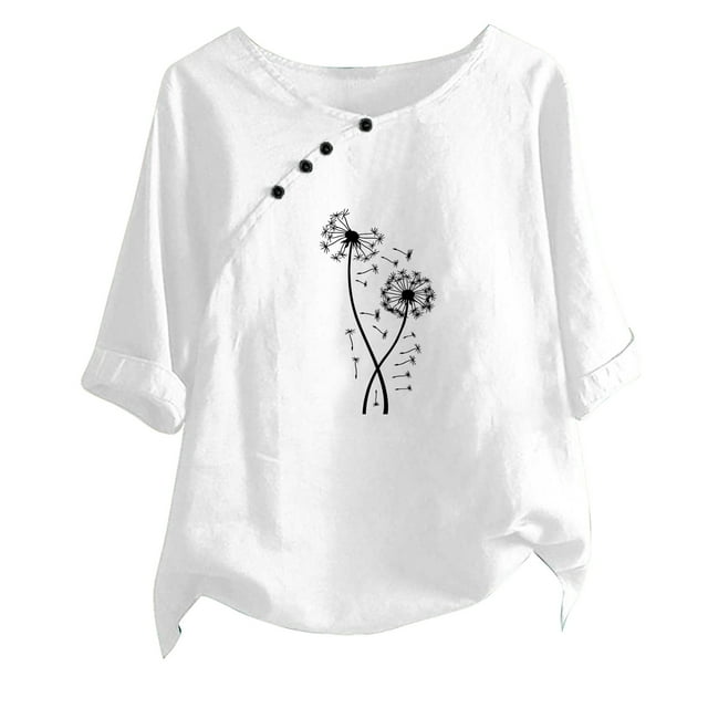 Blusas de Manga Corta para las Mujeres Impreso Cuello Redondo Camiseta, Top de Algodón de Imitación Casual para el Hogar Y Diario