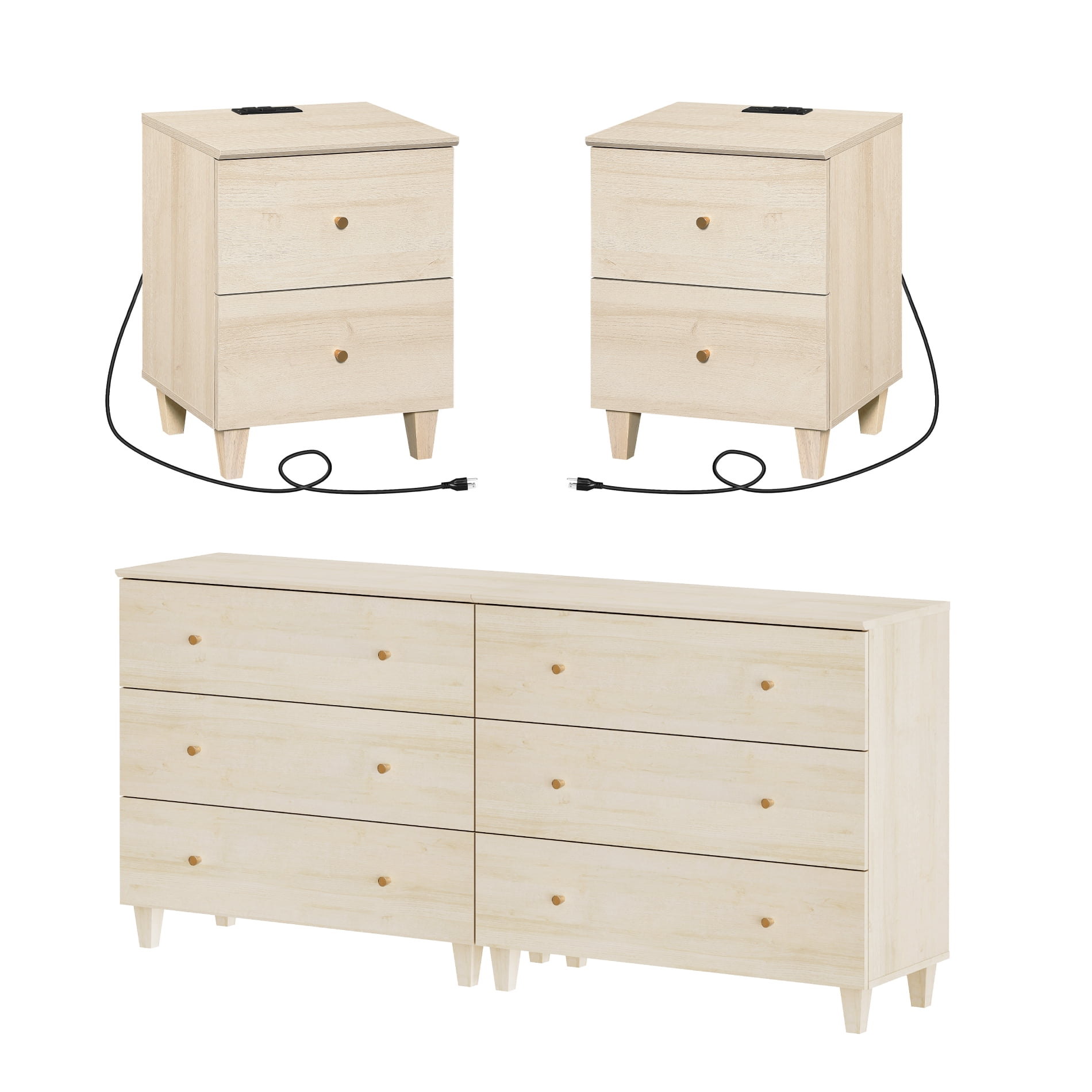 WAMPAT Dresser and Nightstands Set of 4, Wood Dressers with 6 Drawers, 2 Pieces Nightstands with Charging Stations for Living Room, Natural Oak