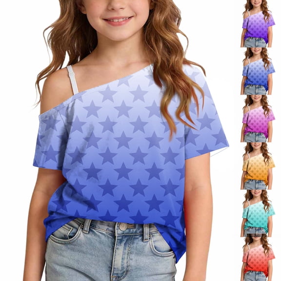 HAOTAGS Girls Short Sleeve T-Shirts, Cute Casual Summer Round Neck Tee Printed One-Shoulder Tops Blue Size 11