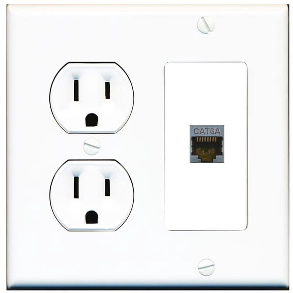 RiteAV 15 Amp Round Power Outlet and 1 Port CAT6A Wall Plate [White]