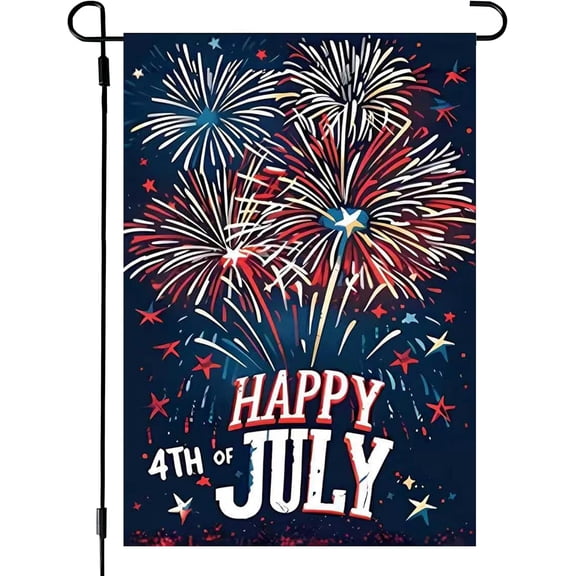 Double Sided 12x18 Burlap Happy 4th of July Garden Flag Fireworks Fourth of July Patriotic Outdoor Yard Flags for Outside Decor