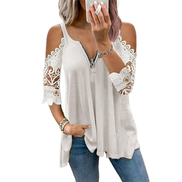 Innerwin Tee-Shirt Uni pour Femmes T-shirt de Vacances Manches Mi-Longues Froncé Blanc 5TG