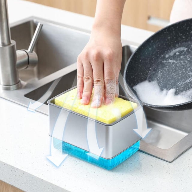Feltree Kitchen Soap Dispenser Dishwashing Brush Automatic Liquid Dispenser-in-1 Soap Dispenser Kitchen Sponge Rack 350ml Sink Soap Dispenser Cleaning Concentrate Box