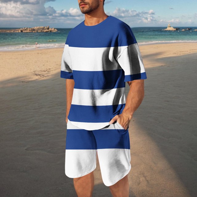 NTACZA Crew Neck Men's Shorts Set Short Sleeve Striped Tracksuits Mens Breathable Workout Sweatsuits S