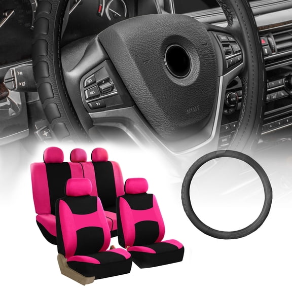 FH Group Light & Breeze Seat Covers Combo Set, Full Seat Set with Leather Steering Wheel Cover, Pink Black