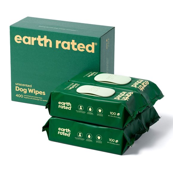 Earth Rated Hypoallergenic Dog Wipes, Cleaning and Odour-Controlling Grooming Wipes for Paws, Body, and Bum, Unscented, 400 Wipes