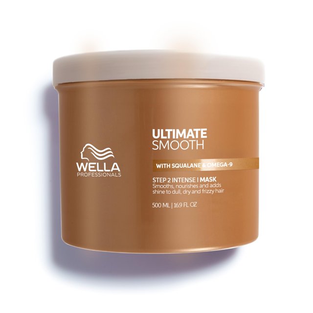 mascarilla capilar wella professionals ultimate smooth intense 500 ml frasco cilíndrico dorado mate con tapa blanca, etiqueta frontal 'ULTIMATE SMOOTH' y mención 'SQUALANE & OMEGA-9', envase de 500 ml (16.9 fl oz) para tratamiento capilar nutritivo y antifrizz en cabello seco y encrespado; ideal para uso semanal.