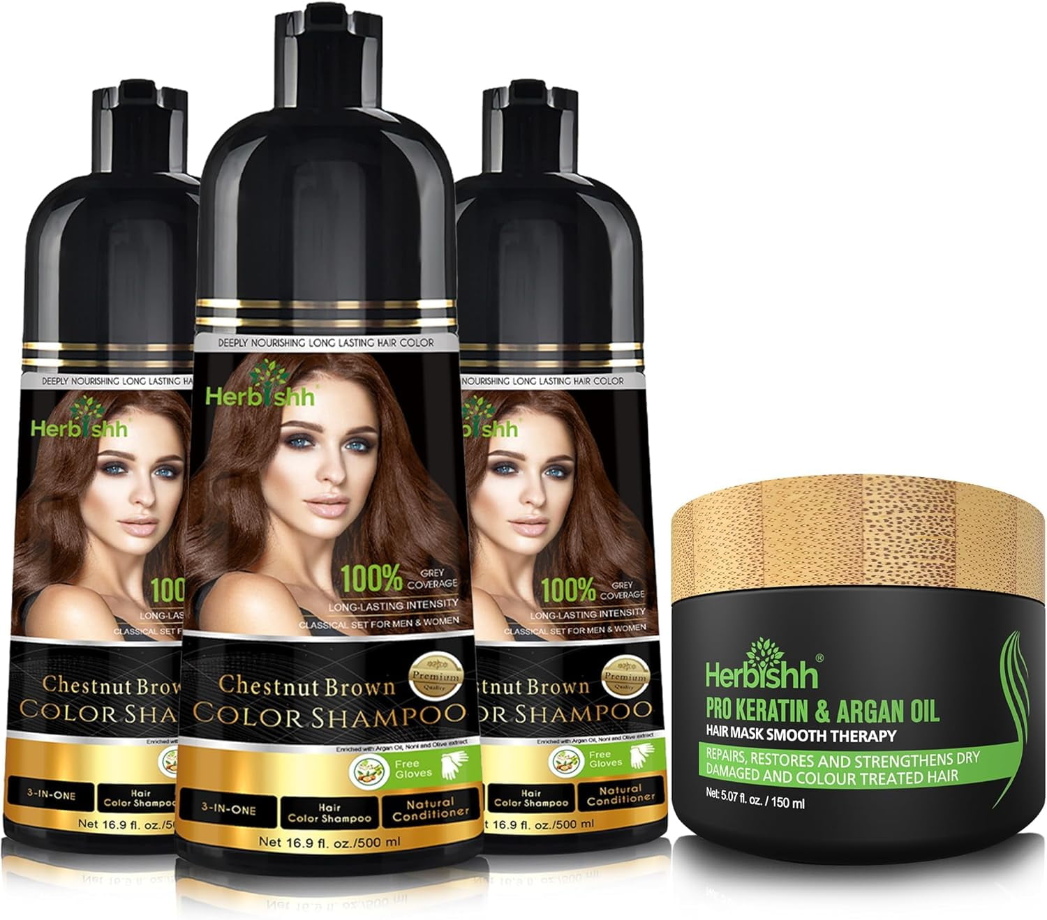 Herbishh Ultimate Hair Color Shampoo Kit – Graue Haare Abdecken, 3x Shampoo + 1x Argan Haarmaske, Light Brown