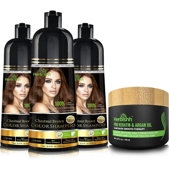 Herbishh Chestnut Brown Hair Color Shampoo for Gray Hair, Hair Dye Shampoo with Argan Hair Mask,3 in 1, 100% Gray Coverage, Permanent Hair Color for Men & Women, Ammonia-free, (Pack of 3)